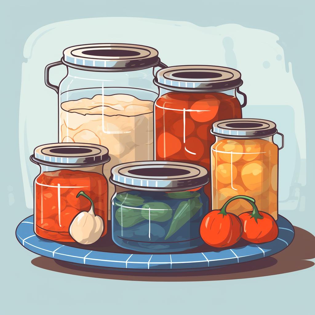 Canning jars, lids, and rings boiling in a large pot.