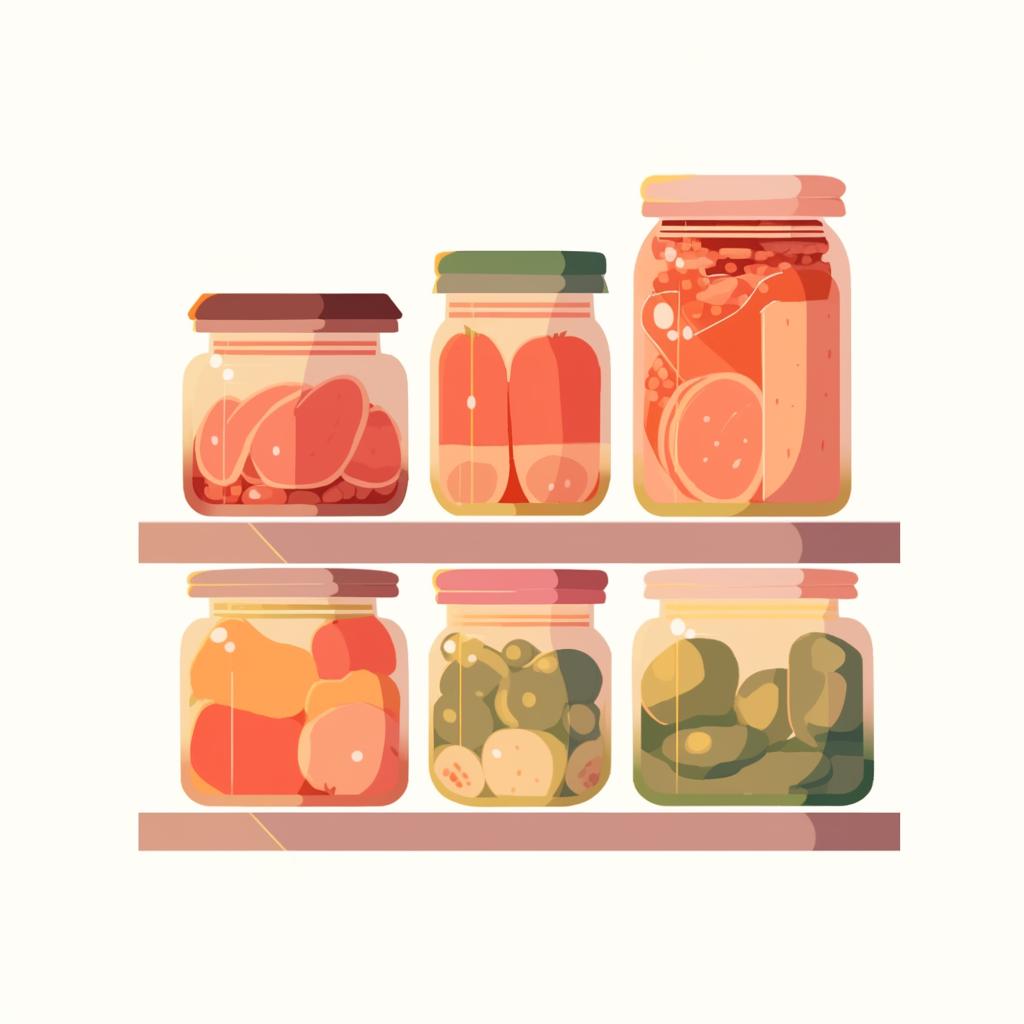 Cooled jars of canned meat being stored on a pantry shelf.